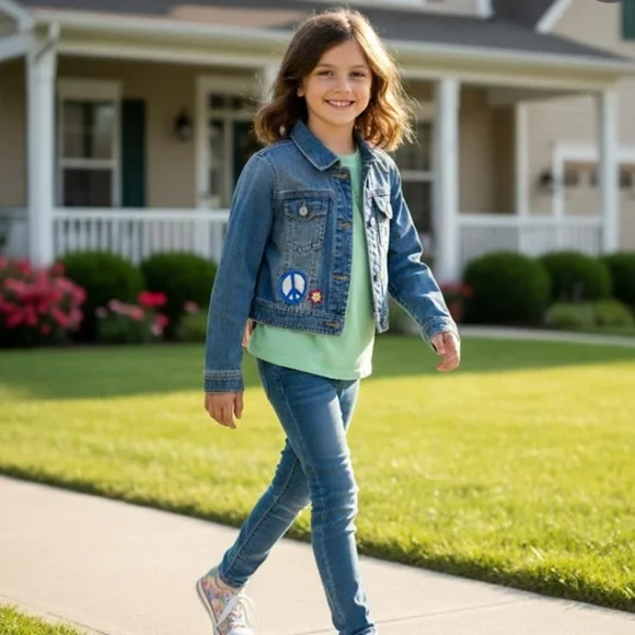 Justice Jean Jacket, Medium wash, Denim, Sz 10, Crop, Trucker, Embroidery - Picture 2 of 15